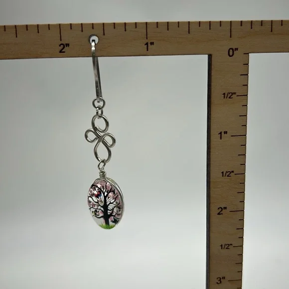 Tree of Life Dangle Earrings with Cherry Blossom Art Handmade Spring NWT - Picture 6 of 6